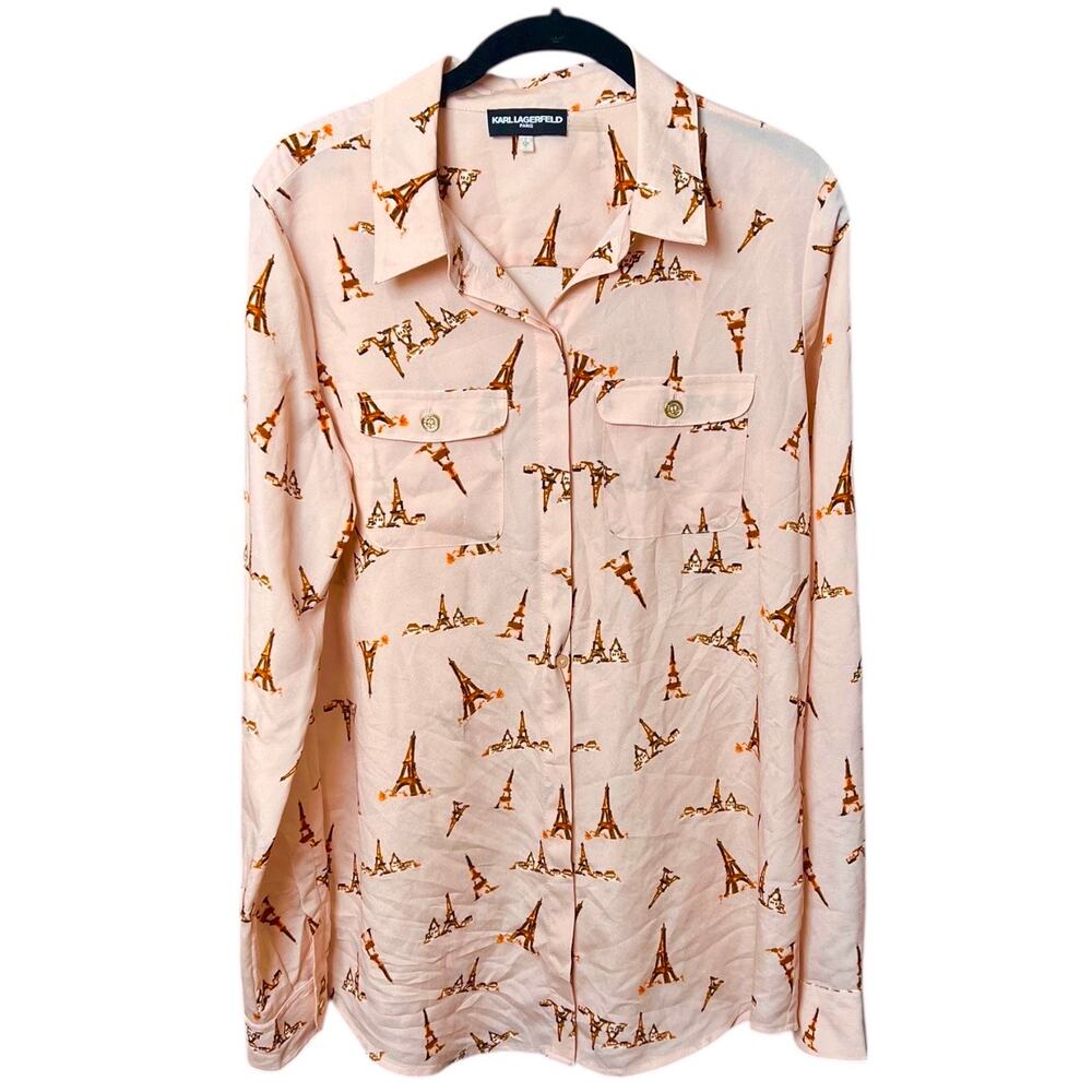 Karl Lagerfeld Paris Eiffel Tower Print Pink Button Down Long Sleeve Blouse - S